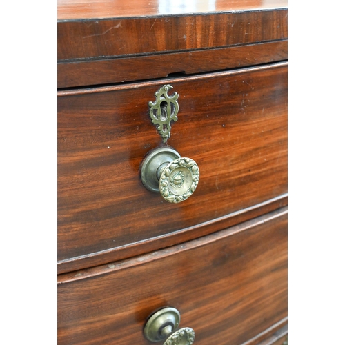 400 - A small 19th century mahogany bowfront chest with two short over two long drawers on splayed bracket... 