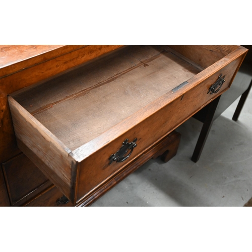 406 - A burr walnut writing desk chest of three drawers and a folding top with gilt tooled green leather s... 