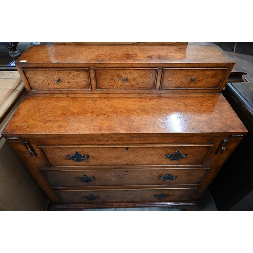 406 - A burr walnut writing desk chest of three drawers and a folding top with gilt tooled green leather s... 