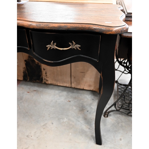 413 - A French style console table, stained hardwood top on black painted base with three drawers and cabr... 