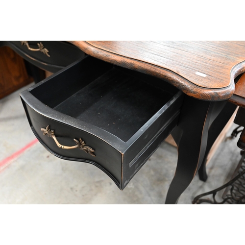 413 - A French style console table, stained hardwood top on black painted base with three drawers and cabr... 