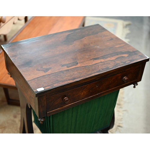 419 - A Victorian rosewood sewing table with frieze drawer and pleated fabric box drawer on lyre supports,... 