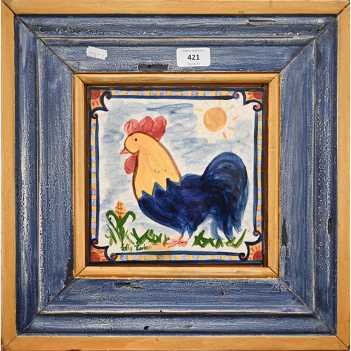 421 - Sally Barker - A framed ceramic tile of a rooster, 40 x 40 cm overall