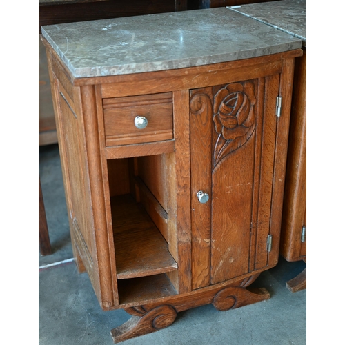 424 - A pair of mid 20th century floral carved oak bedside cabinets with grey marble tops, 46 cm x 38 cm d... 