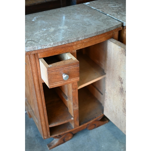 424 - A pair of mid 20th century floral carved oak bedside cabinets with grey marble tops, 46 cm x 38 cm d... 