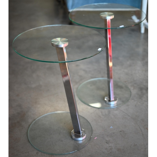 425 - A pair of contemporary  glass and chrome circular side tables 43cm diam to/w a similar square exampl... 