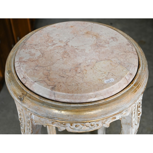 439 - A Continental marble top jardiniere stand, carved painted and gilded disress finish base, 40 cm diam... 