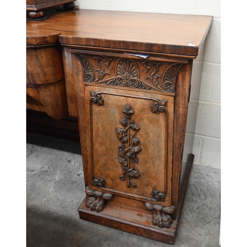 444 - A 19th century carved mahogany twin pedestal sideboard in one piece, 188 x 70 x 92 cm high