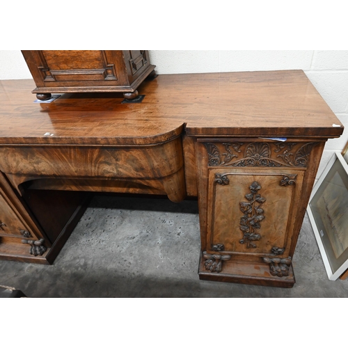 444 - A 19th century carved mahogany twin pedestal sideboard in one piece, 188 x 70 x 92 cm high