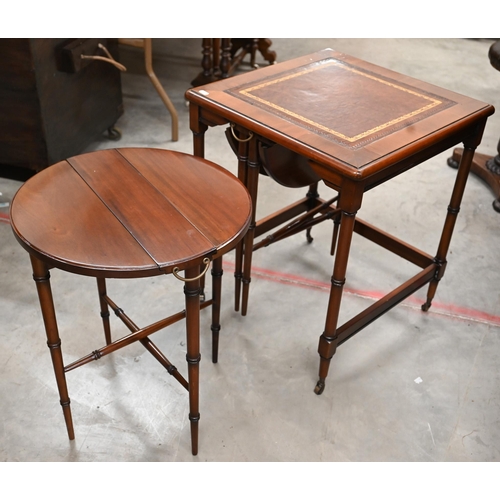 465 - A mahogany side table with gilt tooled leather top and two nesting drop leaf tables, all with 'bambo... 