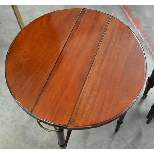 465 - A mahogany side table with gilt tooled leather top and two nesting drop leaf tables, all with 'bambo... 