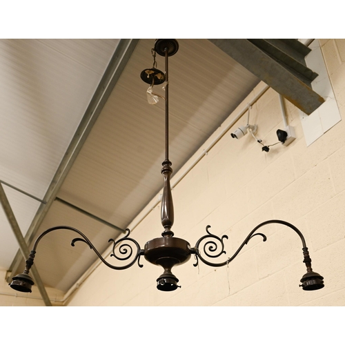 490 - A bronzed twin-branch ceiling light with three fittings