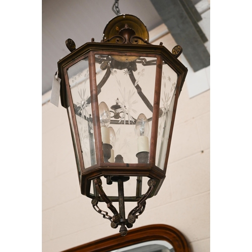 491 - A hanging lantern with three fittings and etched glass floral design 58cm high approx