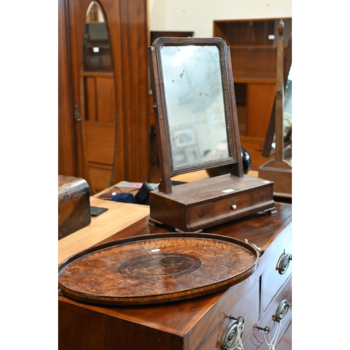 494 - A 19th century platform toilet mirror with three drawers, to/w an oval marquetry-inlaid tray (2)