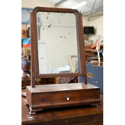 494 - A 19th century platform toilet mirror with three drawers, to/w an oval marquetry-inlaid tray (2)