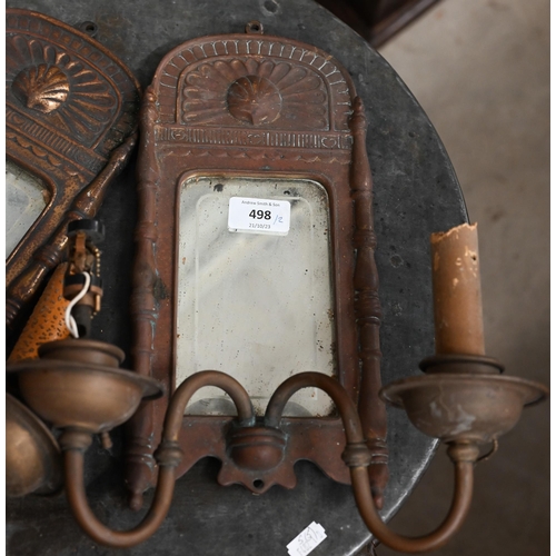 498 - A pair of Art Deco style copper and brass girandole mirrors with twin candle sconces 35 x 28cm