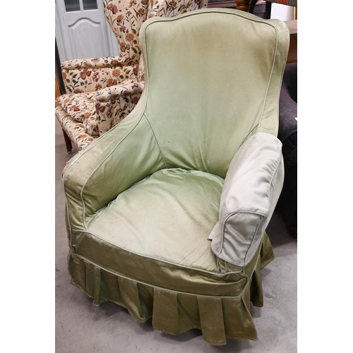 499 - A Victorian mahogany-framed armchair (f/r), with green silk loose cover