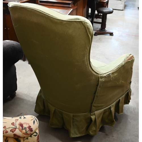 499 - A Victorian mahogany-framed armchair (f/r), with green silk loose cover