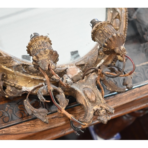 500 - A pair of antique gilt-framed girandole mirrors with oval plates and twin branches (a/f)