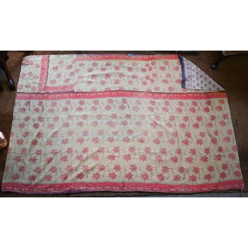 502 - A peach ground Caucasian wool mat, to/w a floral-design Indian throw (2)