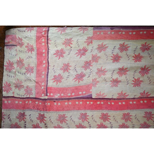 502 - A peach ground Caucasian wool mat, to/w a floral-design Indian throw (2)