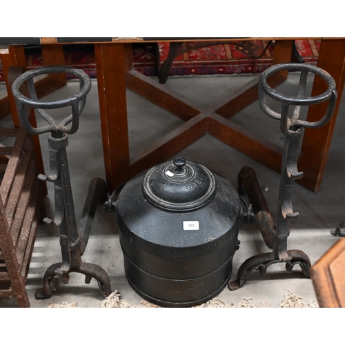 503 - A fire-grate, pair of fire-dogs with candelabra, cast-iron pot and cover, two spark-guards and a fir... 