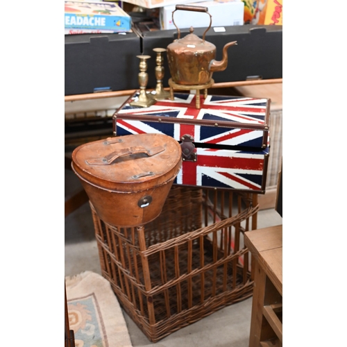 505 - A leather hat box to/w a Union Jack small trunk, a wicker basket, copper kettle, 2 brass candlestick... 