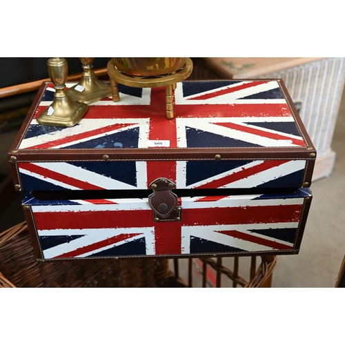 505 - A leather hat box to/w a Union Jack small trunk, a wicker basket, copper kettle, 2 brass candlestick... 