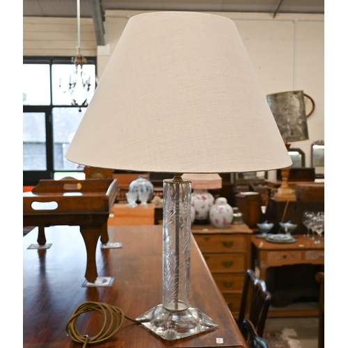 507 - A glass pillar table lamp cut with thistle-design decoration, 58cm