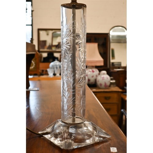 507 - A glass pillar table lamp cut with thistle-design decoration, 58cm