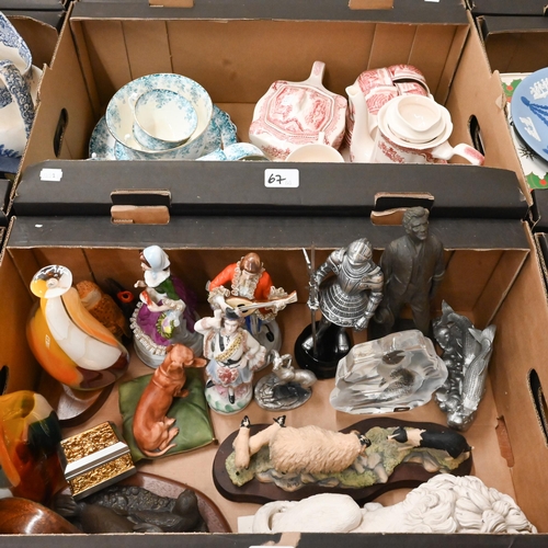 67 - Various ornamental objects, including pewter figures, resin sheep and lion, ceramic figures, tea/cof... 