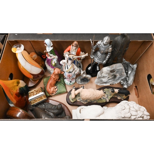 67 - Various ornamental objects, including pewter figures, resin sheep and lion, ceramic figures, tea/cof... 