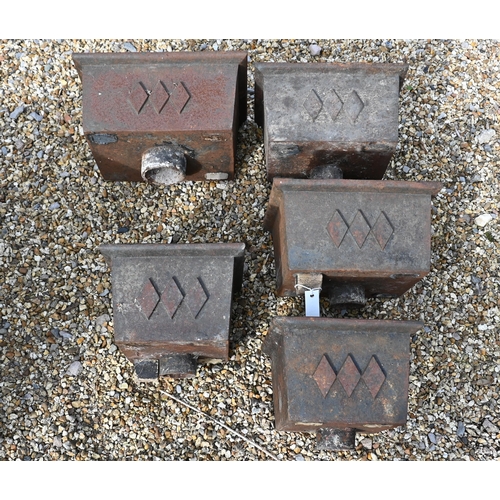 7 - Five vintage cast iron rain water hoppers, each with triple lozenge design, sizes vary (5)