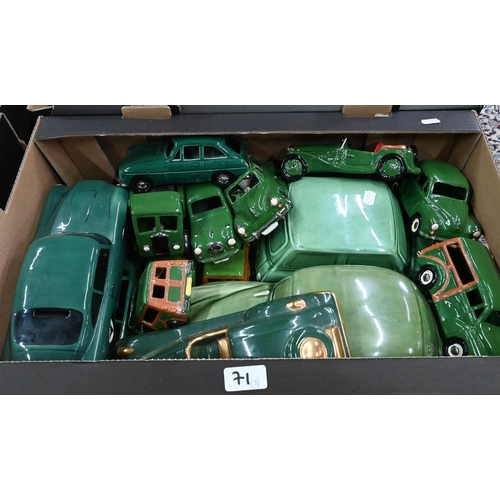 71 - Three boxes of novelty ceramic and other model vehicles - many as money-boxes (3)