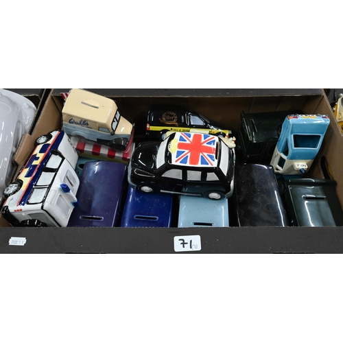 71 - Three boxes of novelty ceramic and other model vehicles - many as money-boxes (3)