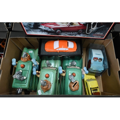 74 - Three boxes of novelty ceramic model vehicles - some boxed - including money boxes, decanters etc (3... 