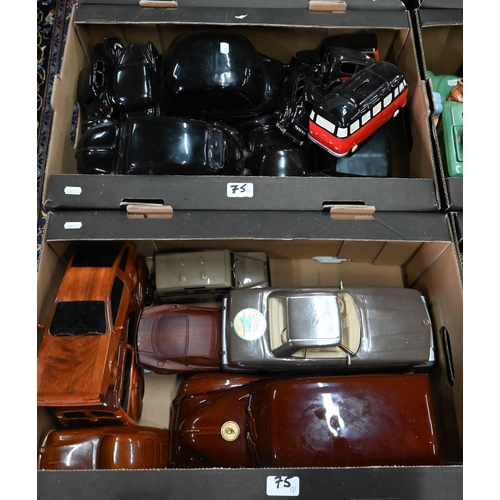 75 - Three boxes of novelty ceramic, metal and other model vehicles including money-boxes etc (3)