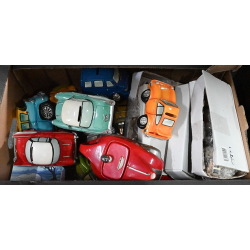 77 - Three boxes of novelty ceramic model vehicles - mostly teapots and money boxes (3)