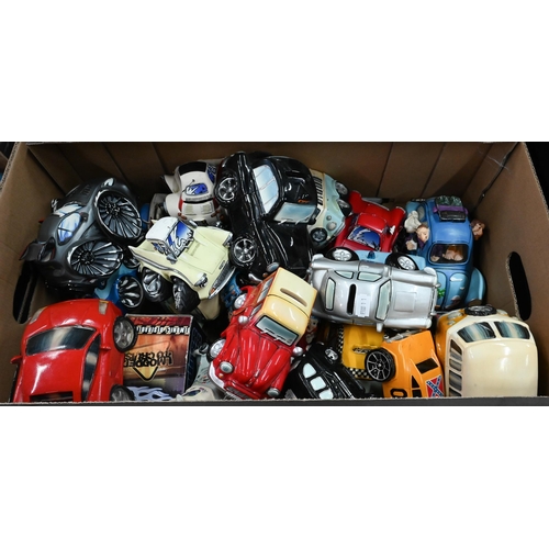 78 - Three boxes of novelty ceramic model vehicles - many of them money-boxes (3)