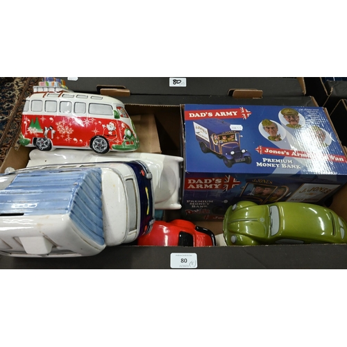 80 - Four boxes of novelty ceramic model vehicles, money boxes - some bxoed etc