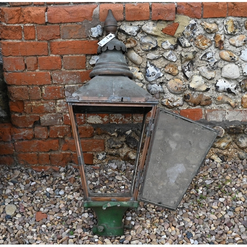 425 - A weathered antique copper four window gas lantern hood c/with lamp post fitting - as found, 38 cm x... 