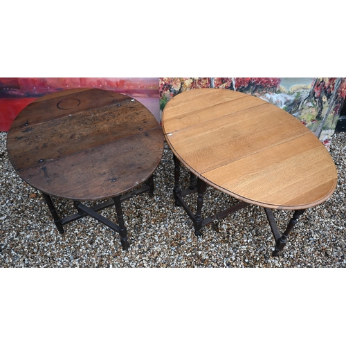 106 - # An antique oak drop-leaf dining table, 138 cm x 106 m x 76 cm high to/w later oak example, 150 cm ... 