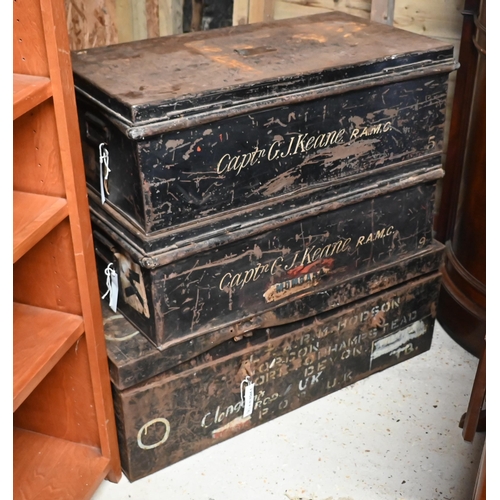 108 - Vintage military uniform trunk stencilled 'LT APM Hodson' to/w two other Jones Brothers steel trunks... 