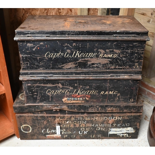 108 - Vintage military uniform trunk stencilled 'LT APM Hodson' to/w two other Jones Brothers steel trunks... 