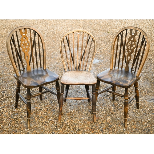 117 - Pair of ash and elm wheelback side chairs to/w antique provincial spindle back chair (3)