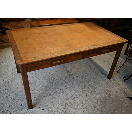 125 - # An oak workshop table with two drawers, 150 x 90 x 76 cm