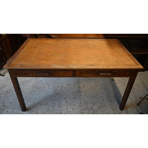 125 - # An oak workshop table with two drawers, 150 x 90 x 76 cm