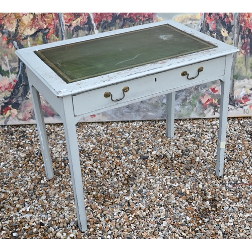 127 - # A distress painted writing table with tooled green leather top and frieze drawer, 94 x 60 x 77 cm ... 