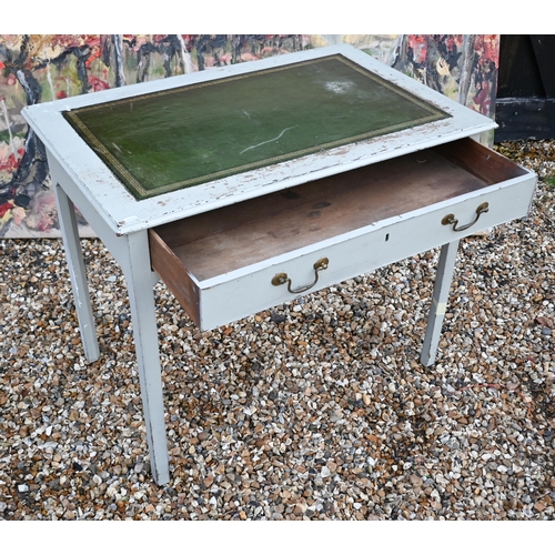 127 - # A distress painted writing table with tooled green leather top and frieze drawer, 94 x 60 x 77 cm ... 