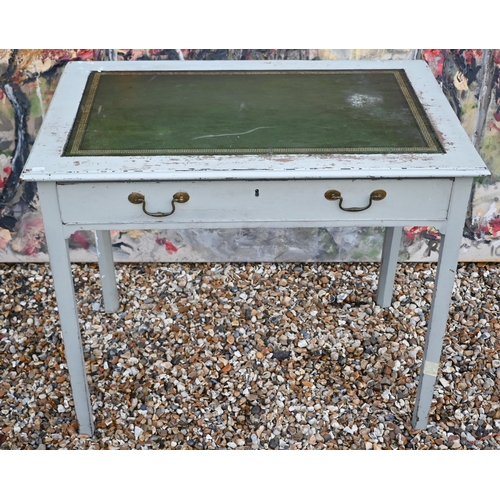 127 - # A distress painted writing table with tooled green leather top and frieze drawer, 94 x 60 x 77 cm ... 